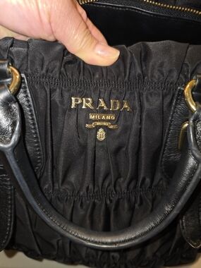 Prada Black Dessuto Nylon Drawstring Tote with Gold Logo